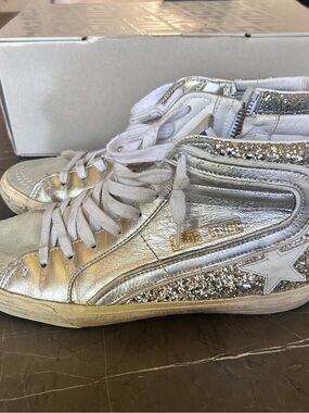 Golden Goose Metallic Silver Glitter High-Top Sneakers